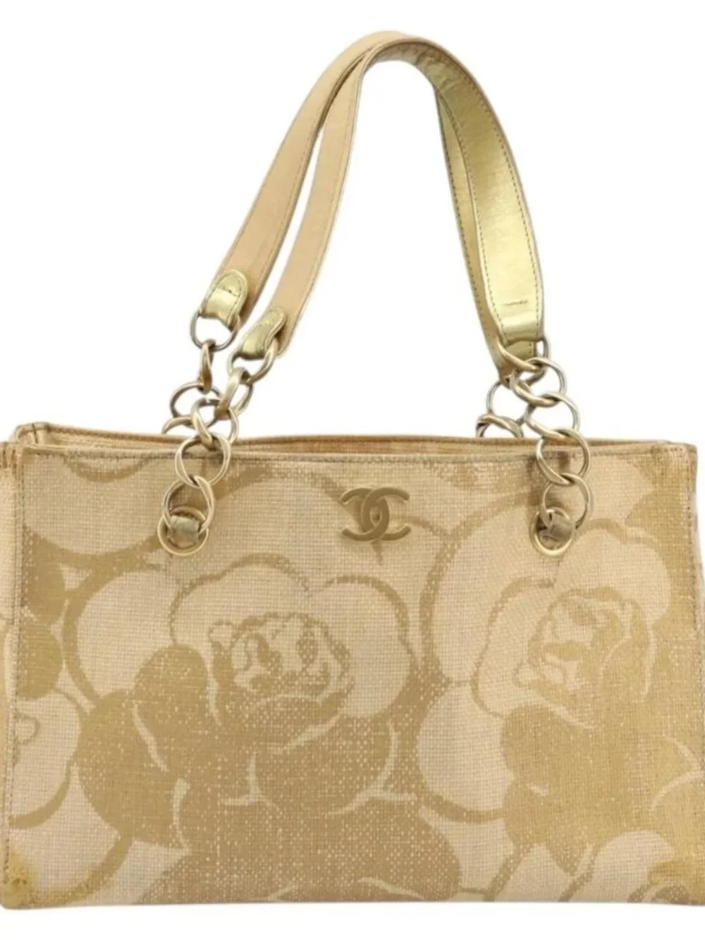 CHANEL Tote Bag Straw Beige Gold CC Auth bs33645